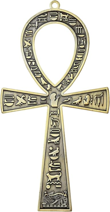 NileCart 7 in. large metal Egyptian ANKH Cross Made in Egypt with an ancient Egyptian hieroglyphic symbols on both sides (Antique Brass Tone)
