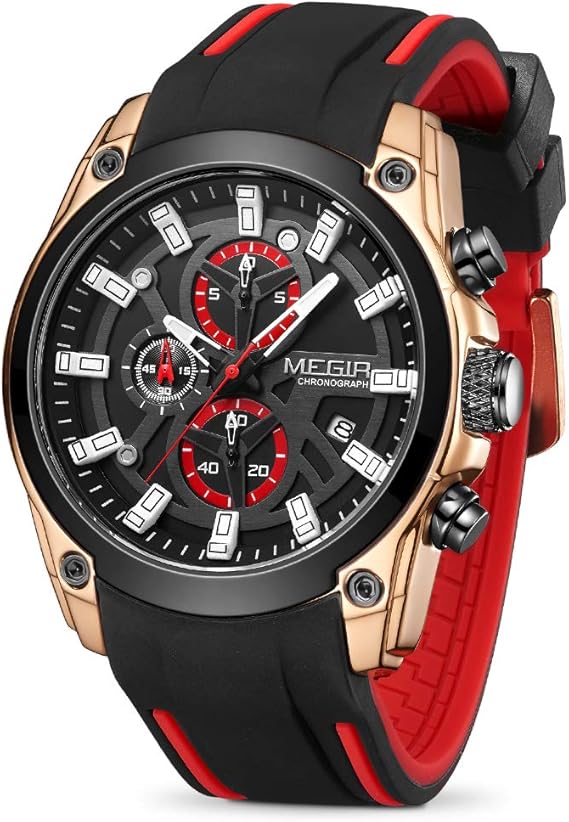 MEGIR Men's Analogue Sport Chronograph Luminous Quartz Watch with Fashion Silicone Strap (2144 Rose/Black), Rose/Black, sport & business work