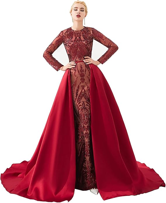 Green/Burgundy/Navy Blue Sequined Satin Mermaid Prom Evening Party Dress Celebrity Pageant Gown Detachable Train