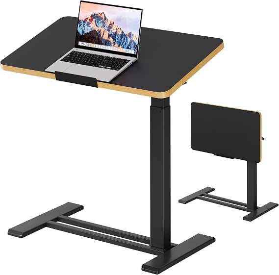 SANODESK Medical Adjustable Overbed Bedside Table with Casters 90 Tilt Top Pneumatic Mobile Rolling Laptop Computer Standing Desk Cart with Tray, Hospital and Home Use(27.6" W x 15.7" D, Black)