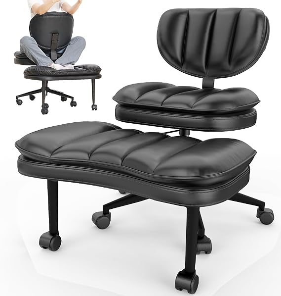 Extra-Wide & Tall Cross-Legged Office Chair Deeply-Padded Cloud Seat, Ergonomic Back Support, Adjustable Height for ADHD & Meditation, Black