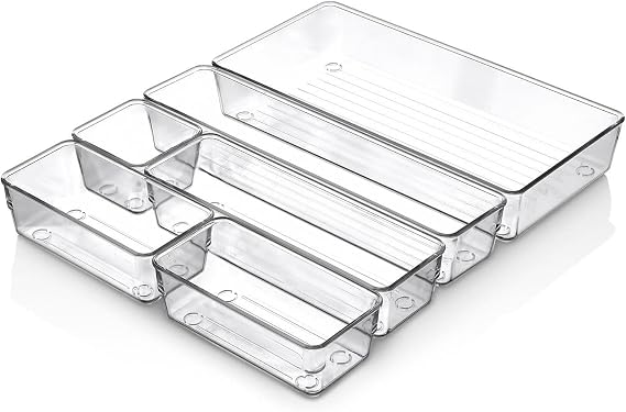 MallArt® 6'lı Şeffaf Çekmece Düzenleyici Seti – Plastik Organizer Kutular | Makyaj, Ofis, Mutfak ve Banyo Düzeni İçin 6 Farklı Boyda Şeffaf Kutu
