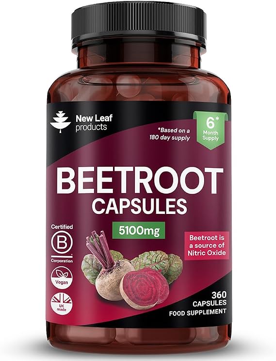 Beetroot Capsules 5100mg - High Strength Beetroot Supplement 360 Vegan Capsules - Nitric Oxide - Enriched with Black Pepper Made in The UK By New Leaf