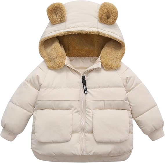 EnJoCho 1-5 Years Toddler Kids Baby Boys Girls Winter Warm Solid Coats Bear Ears Fleece Hooded Padded (Beige-1#ui, 2-3 Years)