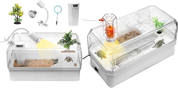 Turtle Tank Acrylic Habitat Kit with Silent Filter & Bottom Drain,UVB Basking Platform Light,Multi-Zone Aquatic Tortoise Enclosure