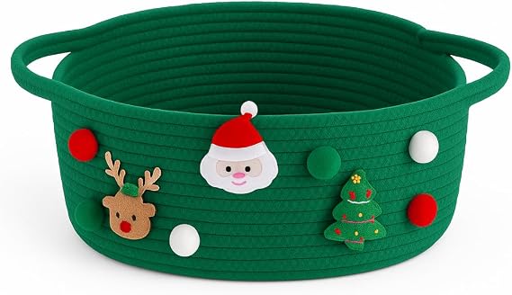 Gift Woven Storage Basket, Basket Box Organizer Bins With Handlesfor Toys, Books, Decorative Empty Gift Basket for Home Bathroom Festive Decor (Christmas Green)