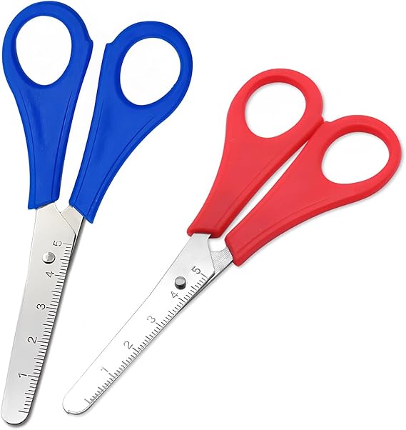 Kids Scissors 2Pcs Blunt Tip Preschool Children Safety Scissors with cm-Scale, Plastic Handle Craft for DIY Craft, Kids Scissor for Scrapbooking Students Teaching Stationery, Red+Blue