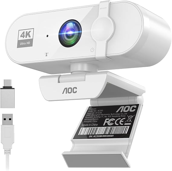 AOC 4K Webcam for PC, Streaming Camera with Noise-Canceling Mic, White