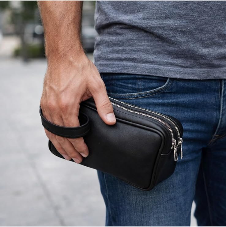 Suni Deri Çift Bölmeli El Çantası, Siyah, Unisex