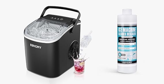 EUHOMY Countertop Ice Maker Machine with Handle, 26lbs in 24Hrs, 9 Ice Cubes Ready in 6 Mins with 16 Fl OZ Ice Machine Cleaner Descaler (4 Uses Per Bottle)