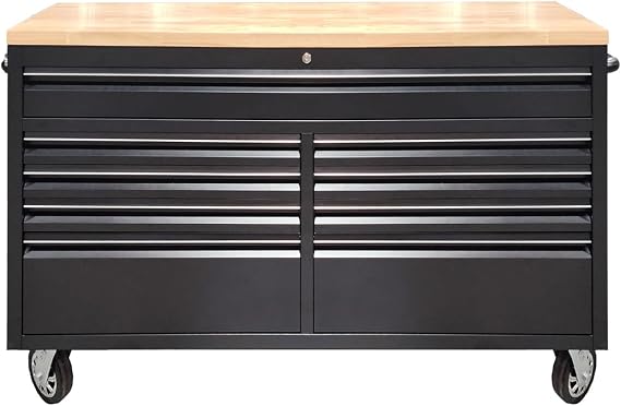 Garveetech 61-Inch Heavy-Duty Rolling Tool Chest with 9 Drawers, Mobile Steel Workbench & Cabinet for Garage, Workshop, Rubber Wood Top, Lock & Liners, Black
