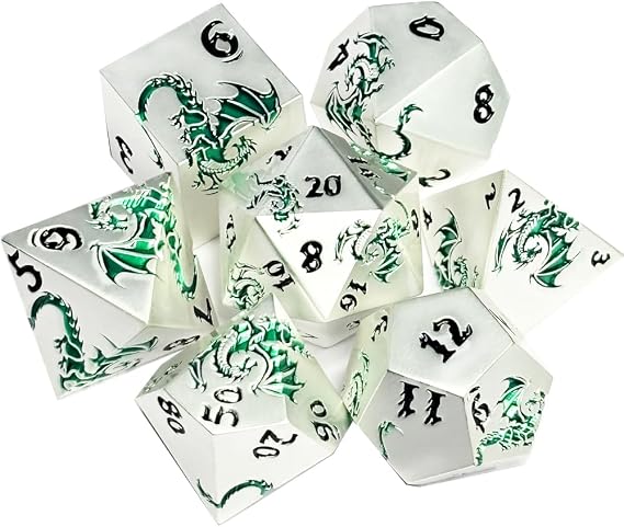 Soaring Emerald Dragon Artisan Dice Set - 7-Piece Engraved Metal Dice for Call of Cthulhu, TTRPG, Tabletop Games- LWGH