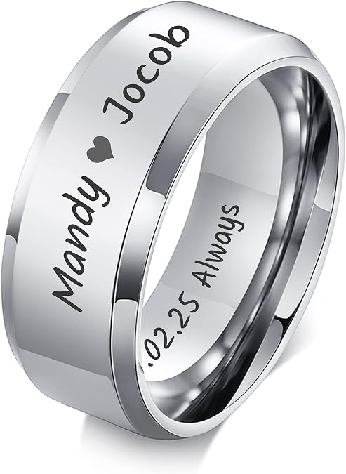VNOX Customize Personalized Name Date Stainless Steel Simple Polished Finish Wedding Band Engagement Rings for Men Women,Size 6