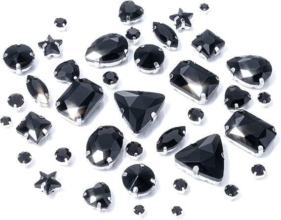 Black 132 PCS Mixed Shapes Sew on Rhinestones, Black Glass Rhinestones with Mental Flatback, Silver Claw Sew on Crystal Gems for Clothing Shoes and Crafts