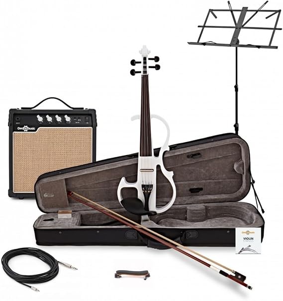 Electric Violin 4/4 Full Size with Amp and Accessory Pack, White | Active pickup for amp/FX connection, under-bridge pickup with tone control, includes music stand and shoulder rest