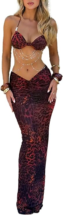 Women's Two Piece Maxi Skirt Sets Summer Beach Sexy Ruched Backless Pearls Chain Decor Crop Top and Cut Out Skirt