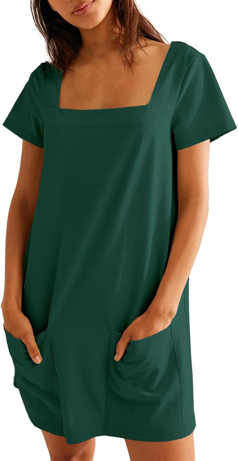 Womens Casual Loose Fit Summer Short Sleeve Square Neckline Soft and Comfortable Vacation Dress with Pockets