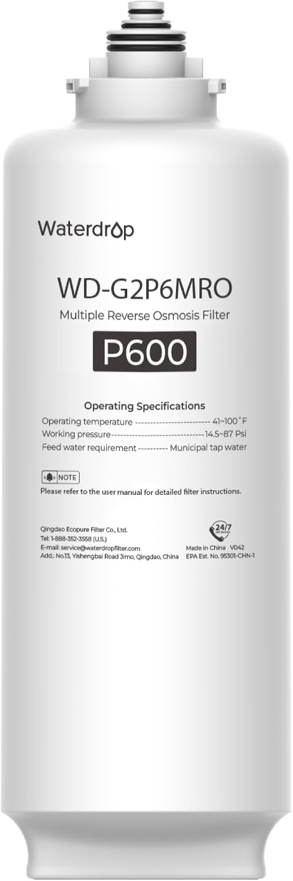 Waterdrop G2P6MRO Filter, Replacement for G2P600 RO System, Compatible with G2P600 RO System, Under-Sink RO Water Filter, Long Lifespan, High Capacity, Easy Replacement