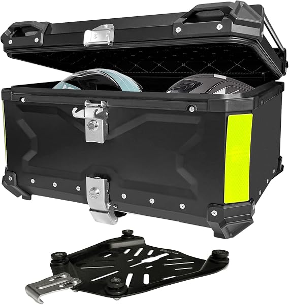 Aluminum Motorcycle Trunk Box, Universal 65L Waterproof Top Case with Security Lock for Helmet Luggage (Black)