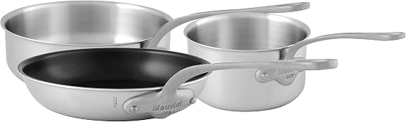Mauviel M'Urban 3 Tri-Ply Brushed Stainless Steel 3-Piece Cookware Set With Cast Stainless Steel Handles, Made in France