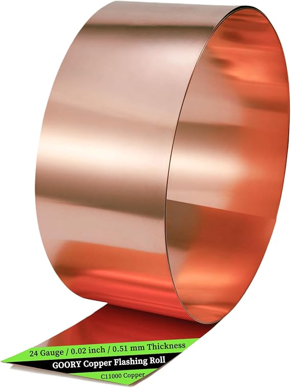 GOORY Copper Flashing 24 Gauge - 4in x 10ft 0.02"(0.51mm) Thickness Roof Flashing Roll - 99.95+% Pure Copper Sheet Metal ASTM B152 - Roofing Repair DIY Project Contractor Jewelry Crafts