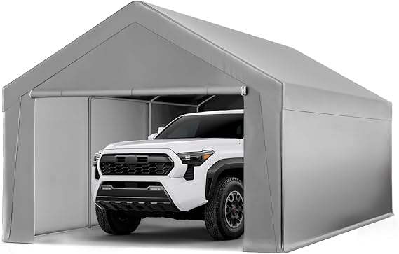 Carports 10x20 ft Heavy Duty Carport, Outdoor Potable Garage with Removable Sidewalls & Zipper Doors, Carport Canopy Anti UV All-Season Waterproof Tarp, Car Canopy for Car,Trucks, Boats,Grey