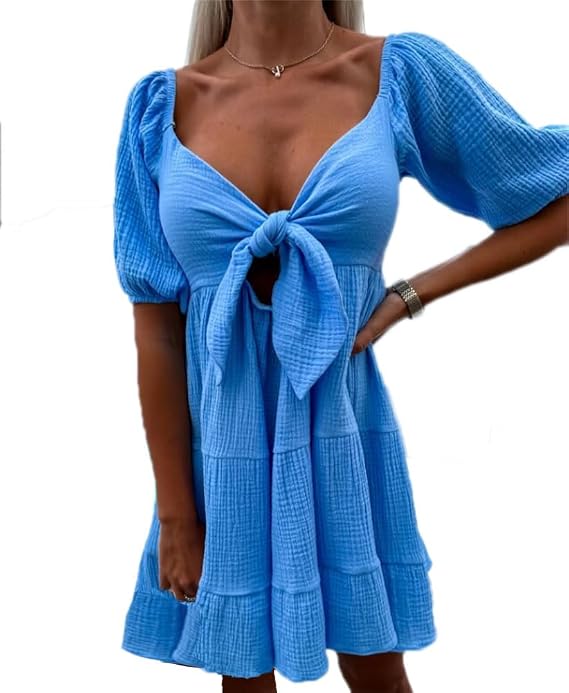 Women V-Neck lace-up Short Sleeve Midi Dress Flare Swing Beach Pleated High Waist Short Dresses