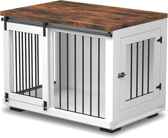 Zakkart Dog Crate Furniture for Large Dogs Up to 60 lbs. - Barn Door Puppy Kennel w/Thickened Farmhouse Top & Metal Bars - 37'' Wide -