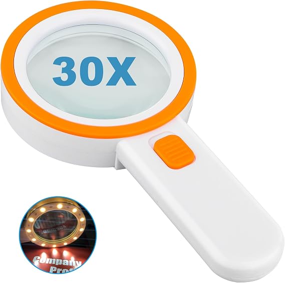 Nazano 12 LED Light Magnifier, 30X Double Glass Lens Handheld Illuminated Magnifier Reading Magnifier, Read for Seniors, Coins, Stamps, Map, Inspection, Macular Degeneration (Orange)