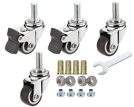 1'' Mute Swivel Rubber Wheel,with T nut M6x15mm Stem Threaded Mini Furniture Casters,Load 90Lbs, for Workbench, Table, Cabinet,Coffee Table of Hardwood Floors