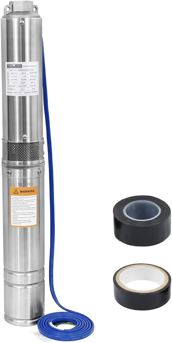 WASSERMANN 4" Deep Well Submersible Pump with 10FT Cable,1HP,115V/60HZ,34GPM,196FT Head,Stainless Steel Single-Phase Water Well Pump for Cities Farmland Irrigation and Home Use