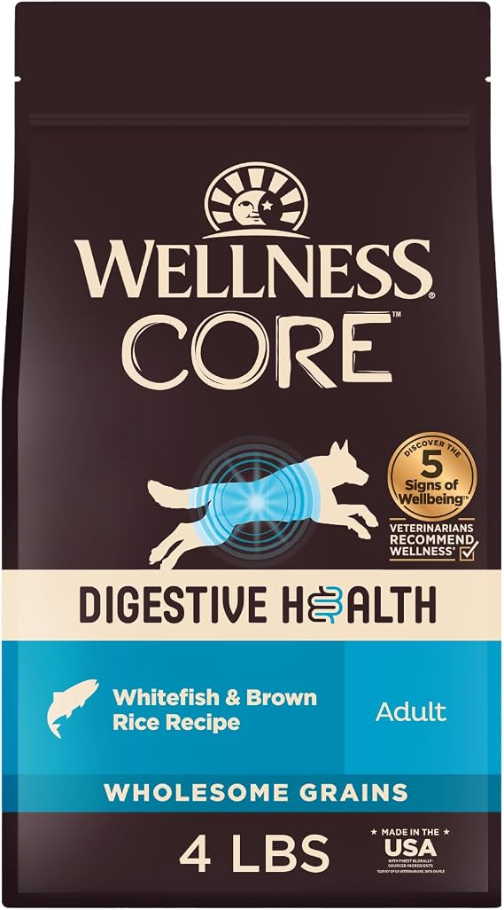 Wellness CORE Digestive Health Adult Dry Dog Food, Wholesome Grain Kibble, Sensitive Stomach, Natural, High Protein, Chicken Free, Whitefish and Brown Rice Recipe, 4 lb Bag