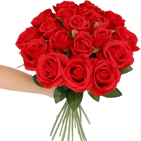 Tifuly 12Pcs Roses Realistic Long Stem Fake Silk Artificial Flowers Red | Long Stem Fake Roses Mashup Style Silk Flowers for Valentine's Day DIY Bouquets Wedding Centerpieces Home Party Decor