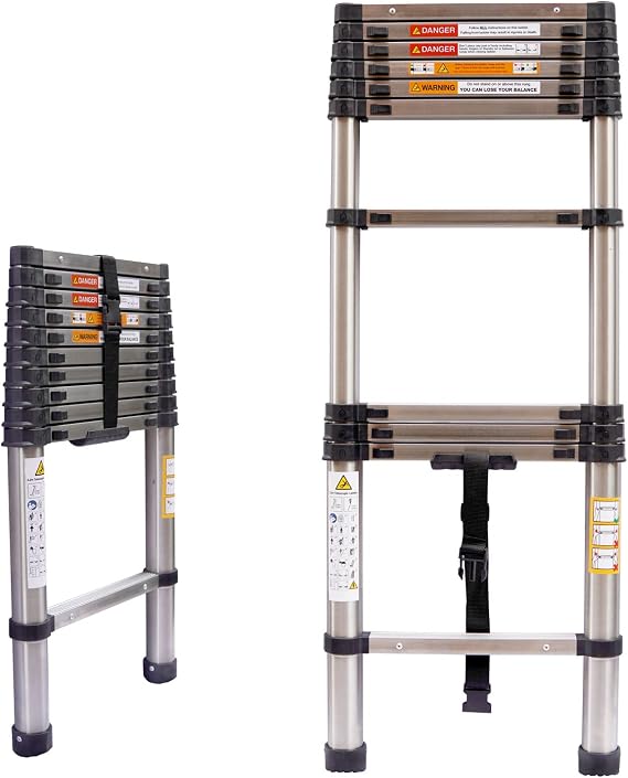 3.2M Extension Ladder Multi-Purpose Stainless Steel Heavy Duty Strong Folding Telescoping Ladder, 330lbs Load Capacity, Non-Slip Rubber Feet Safety Locking Mechanism, Easy to Store or Transport