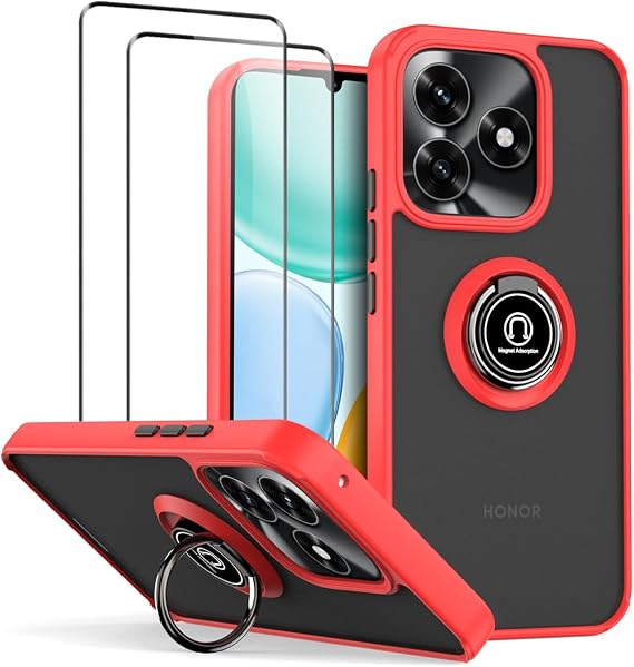 QUIETIP Case for Honor X5c/X5c Plus/Play10A/X5d/X5d Plus with Screen Protector,Translucent Matte Drop Magnetic Ring Car Mount Stand Cover,Red