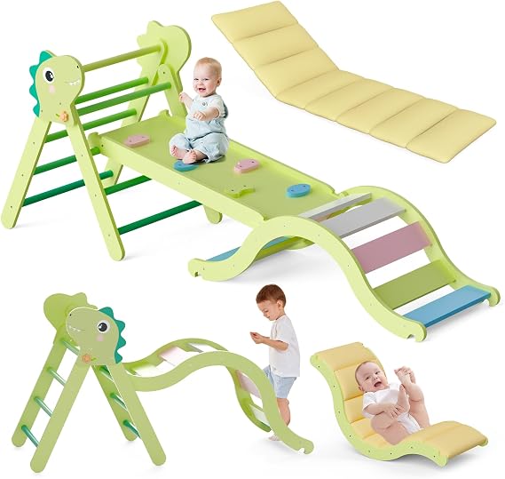 LOVIVO Toddler Climbing Frame with Cushion, 9 in 1 Wooden Indoor Climbing Frame for Toddlers Age 1-3, Pikler Triangle Set with Slide and Rock Climb, Foldable Inside Montessori Climber Toys Play Gym