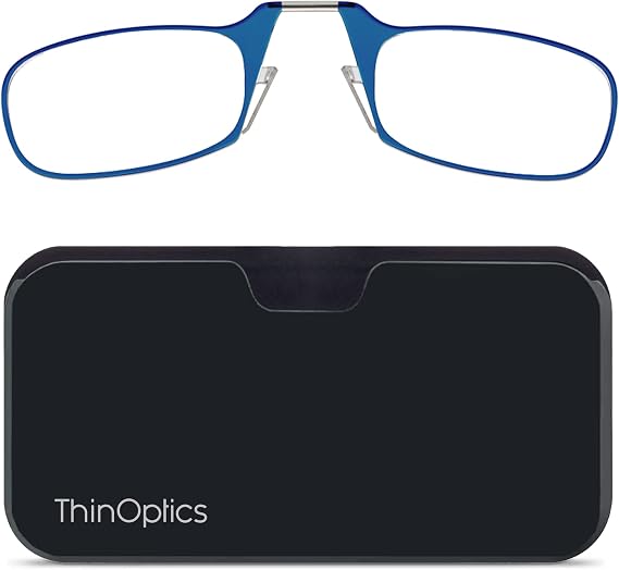 ThinOptics unisex-adult Reading Glasses + Black Universal Pod Case | Blue Frames, 2.00 Strength Readers Blue Frames/Black Case, 44 mm