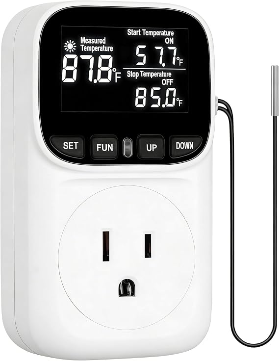 Digital Temperature Controller,15 Amp/1800 Watt Thermostat Socket Plug | VA Display for Heating and Cooling Control Timer,Suitable for Greenhouse Incubators,Homemade Equipment,etc.