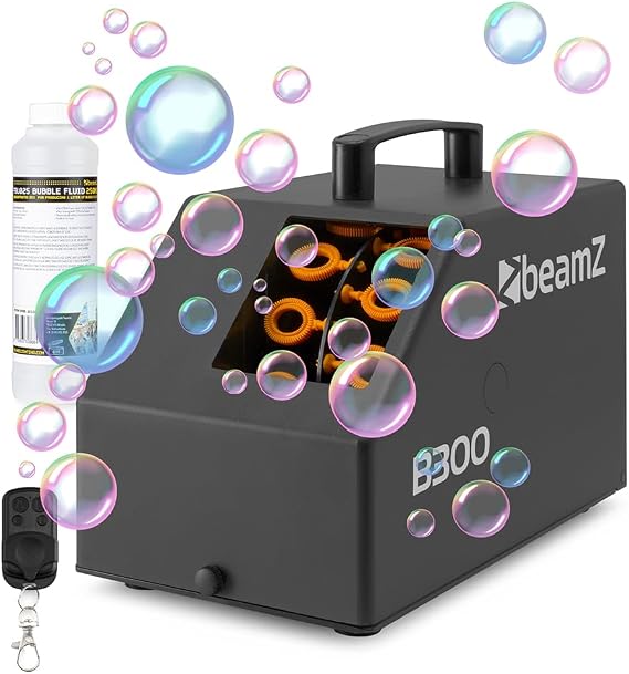 Beamz B300 DJ Bubble Machine with Wireless Remote, Compact Bubble Blower for Kids Parties and Events, Includes 1L Fluid Concentrate for Bubble Blowing Machines