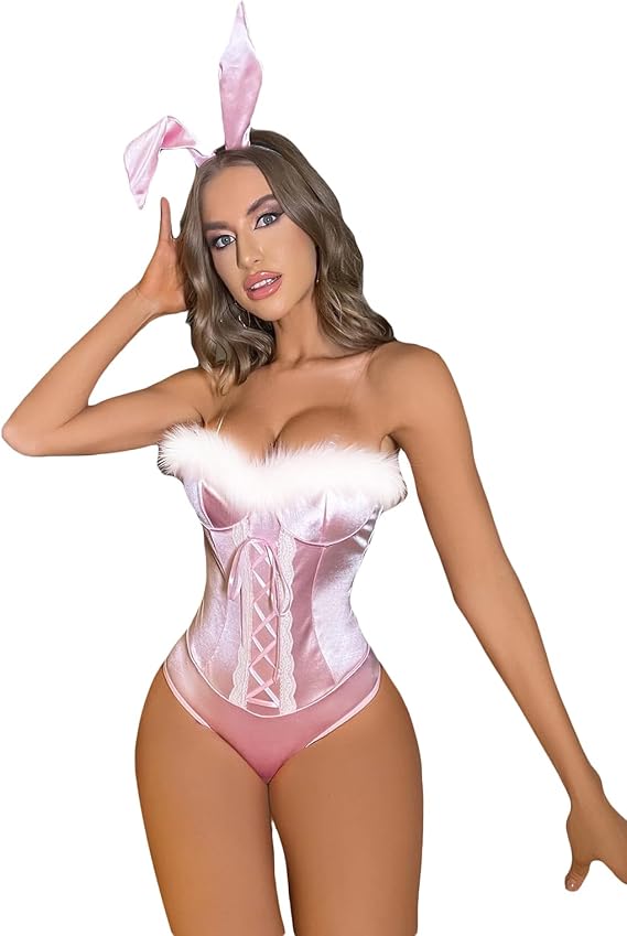 Fayueye Women Sexy Velvet Bunny Girl One Piece Bodysuit with Bunny Ears Anime Senpai Cosplay Costume