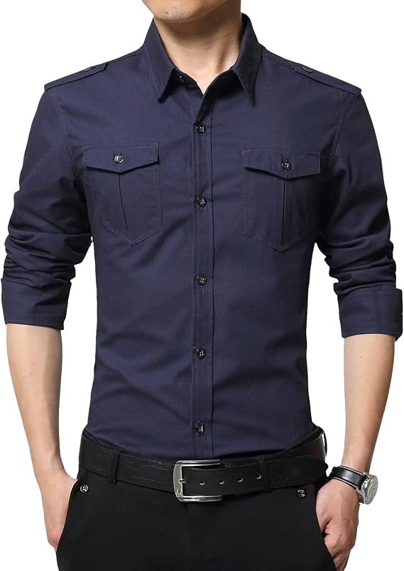 Men's Military Style Double Pocket Shirt Tactical Cargo Casual Slim Fit Shirt Work Shirt Hiking Fishing Shirts (Dark Blue,Medium)