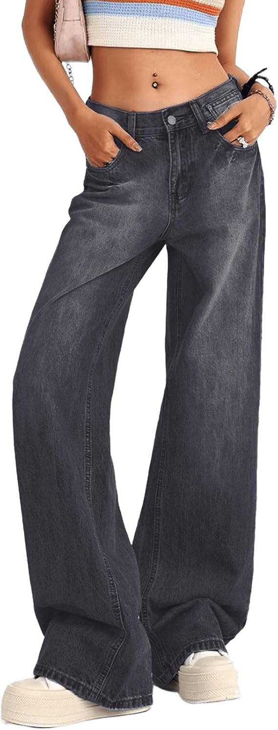 Women's Low Rise Baggy Jeans Y2K 2000s Straight Wide Leg Denim Pants | Casual Loose Flare Jeans with pockets, Slightly Stretch Denim, Senior Teen Girls Fall Fashion Wear Size XS-XL