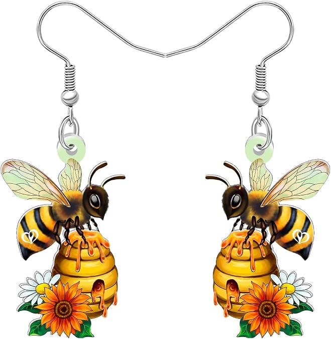 BONSNY Cute Orange Honey Bee Flower Dangle Earrings, Colorful Floral Design with Sunflower, Funny Novelty Hypoallergenic Jewelry Gifts For Women Spring Summer Accessories