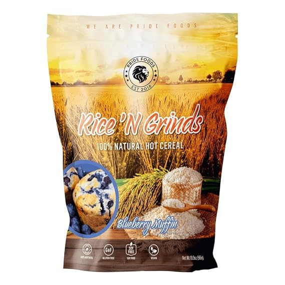 Pride Foods Rice 'N Grinds, 100% Natural Hot Rice Cereal, Blueberry Muffin, 20oz