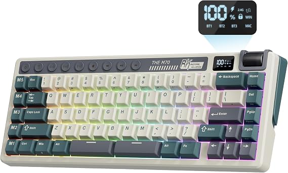 RK ROYAL KLUDGE M70 Wireless Mechanical Keyboard with Display/Macro Keys | 2.4GHz/Bluetooth/Wired 75% Gasket-Mount Gaming Keyboard with Knob, 6000mAh Battery, Hot-Swappable, Soft Tactile Beige Switch