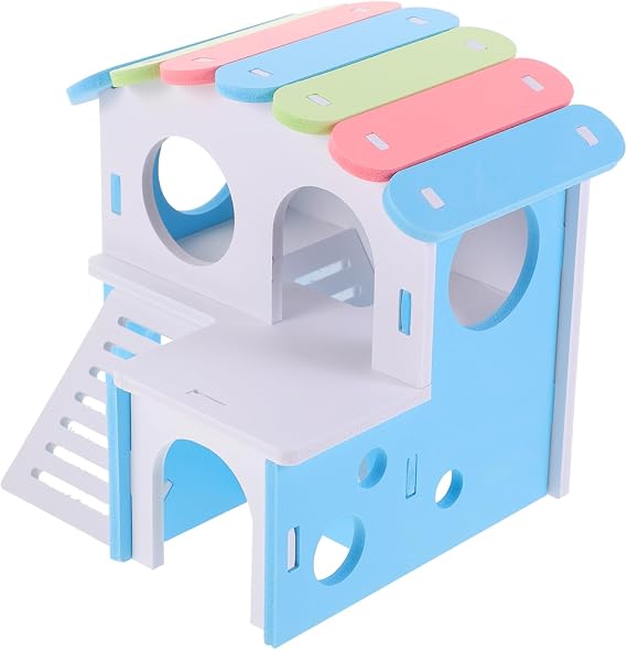 Yardwe Large Guinea Pig Hideout and Hamster House with Double-layer Design, Blue Roof Small Animal Villa, Wooden Hideout for Guinea Pigs, Hamsters, and Small Pets Suitable for Cage Use