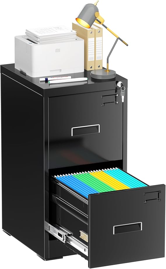 Bonusal Vertical l File Cabinet 2 Drawer, Metal Lateral Filing Cabinet with Lock, Locking Horizontal Drawers File Cabinets for Legal/Letter / A4 / F4 Size for Home Office, Steel, Heavy Duty, Black