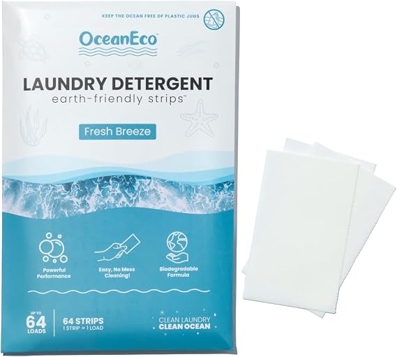 OceanEcoTM Earth-Friendly Laundry Detergent Strips - 64 Loads | Ultra-Concentrated, Zero-Waste, Biodegradable, Cruelty-Free & Vegan Fresh Breeze