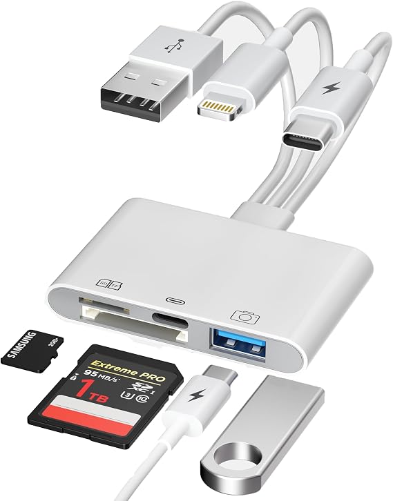 4in1 OTG Adapter, Flash Drive & TF/SD Card Reader for iPhone - Triple USB-C/A/Lightning SD Card Reader with SD/TF Slots & USB-C Charge+Data & USB Female to Transfer Photos from Digital Camera to Phone