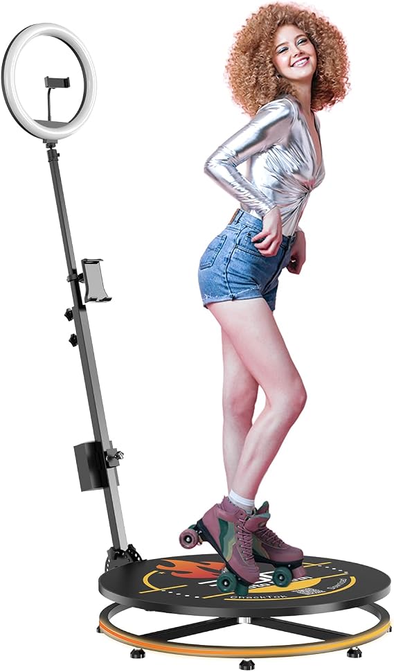360 Photo Booth with Flight Case, Ring Light, Software APP Remote Control for Parties 1-2 People Stand on Automatic 360 Rotating Camera Video Booth(22.5'')